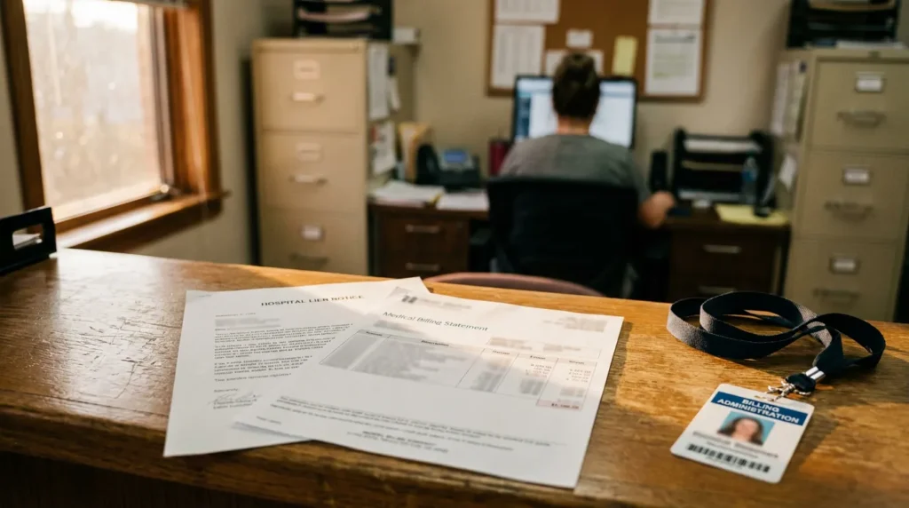 Hospital lien notice and medical billing statement on desk with billing administration badge