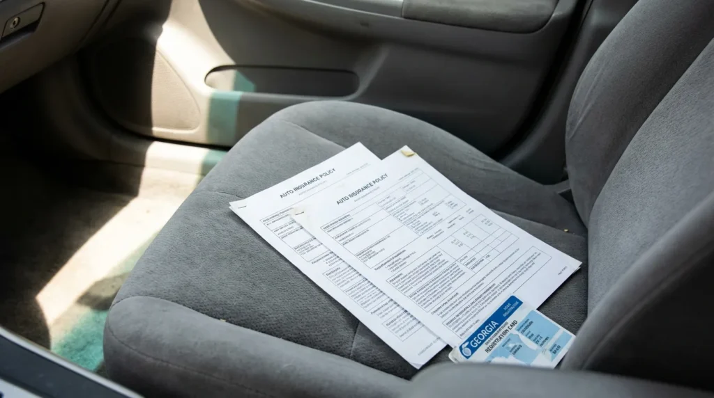 Auto insurance policy documents and Georgia registration card on vehicle seat