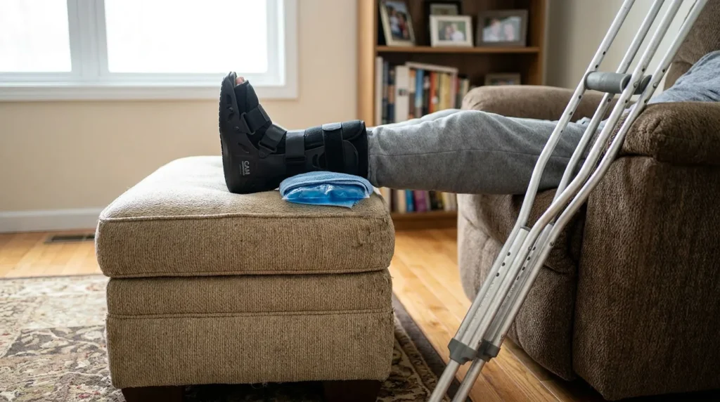 person resting CAM boot-braced foot on ottoman with crutches nearby