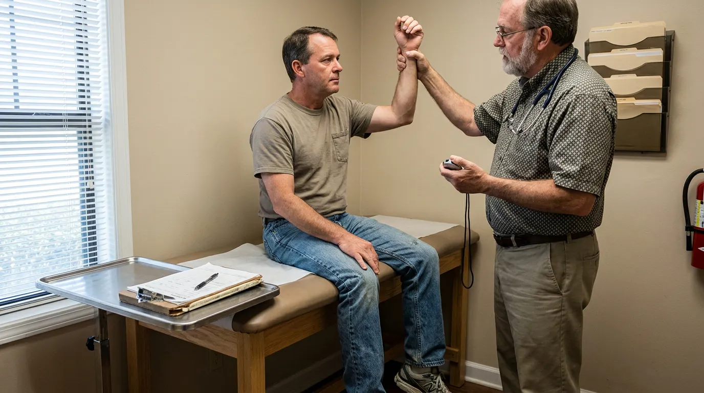 doctor examining seated male patient's raised arm in medical examination room