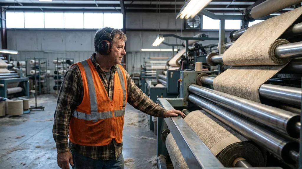 factory worker wearing safety vest and ear protection operating textile rolling machinery