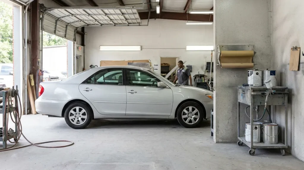 sedan parked inside auto body repair shop with mechanic working nearby