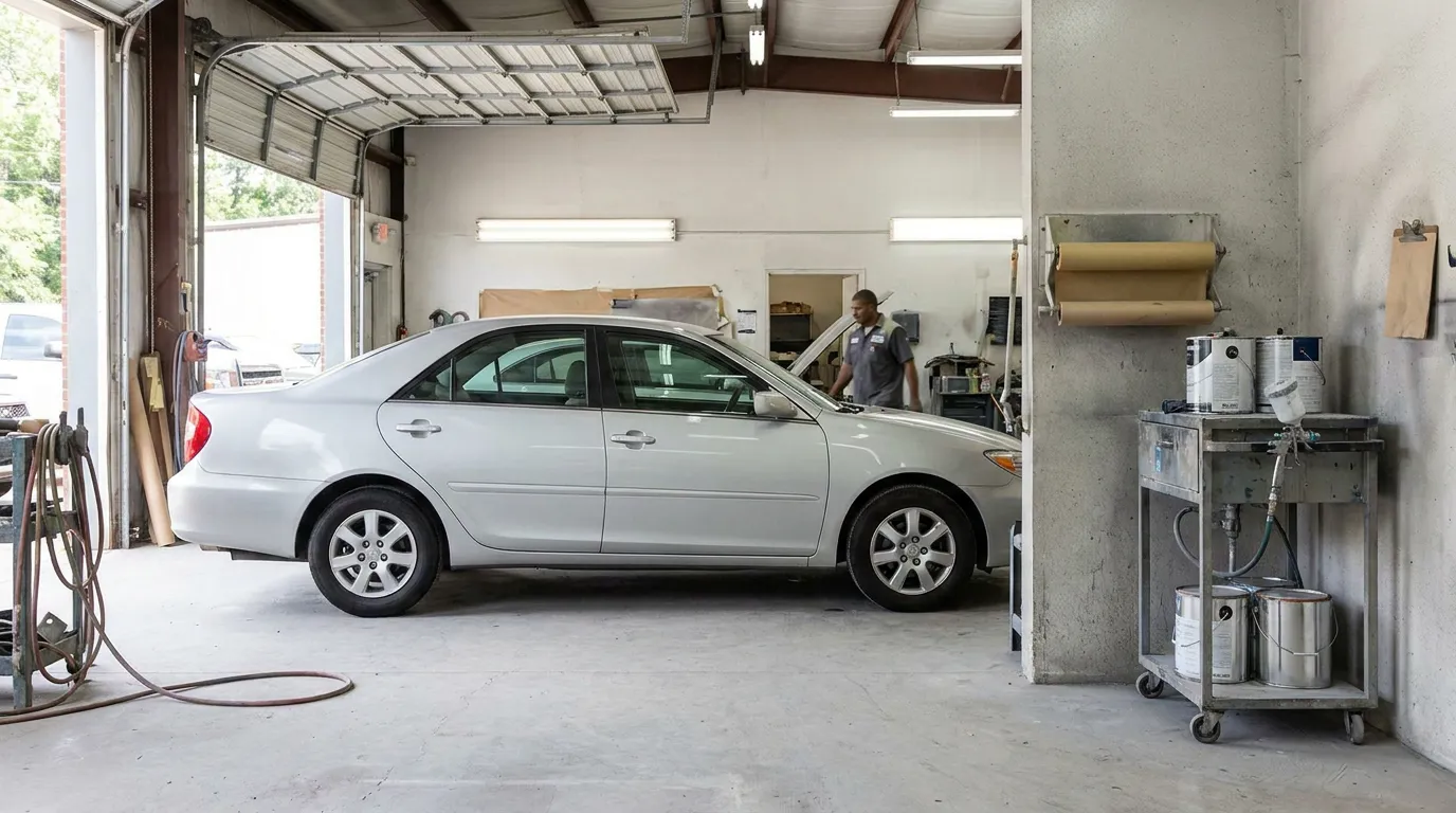 sedan parked inside auto body repair shop with mechanic working nearby