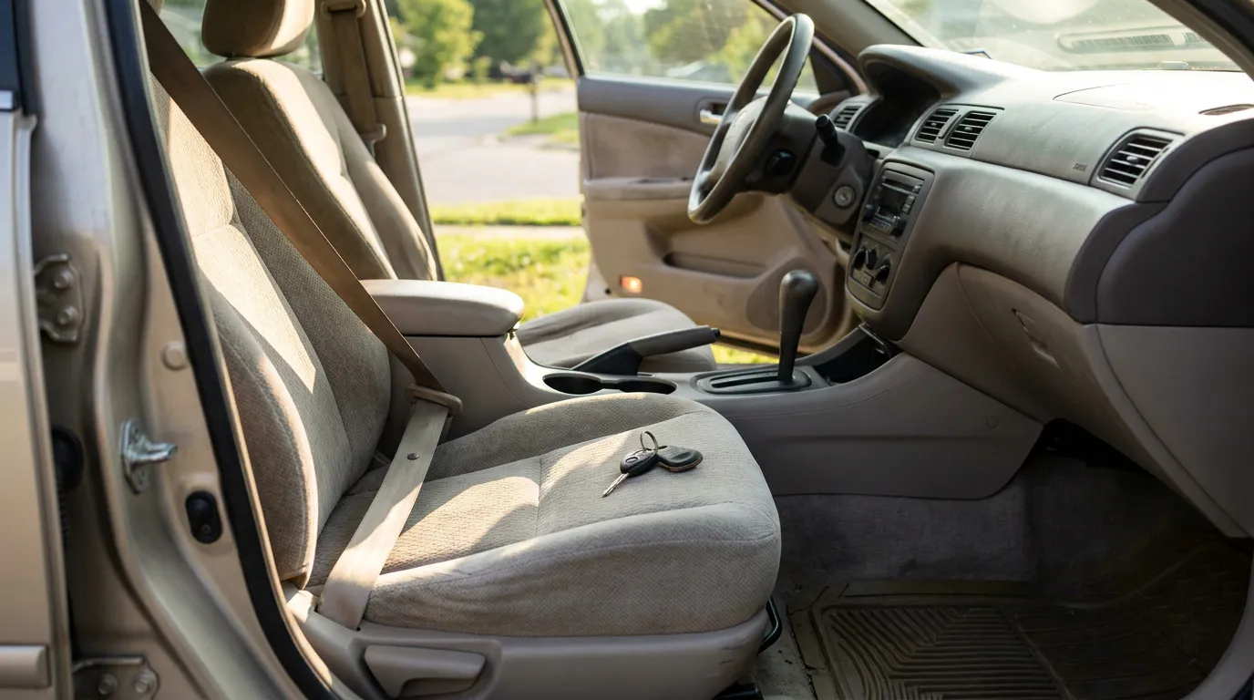 car keys resting on front passenger seat with seatbelt and dashboard visible