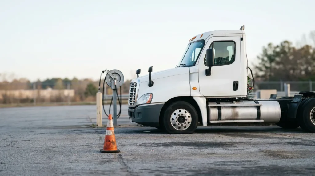semi-truck cab parked in lot beside traffic cone and fuel station post
