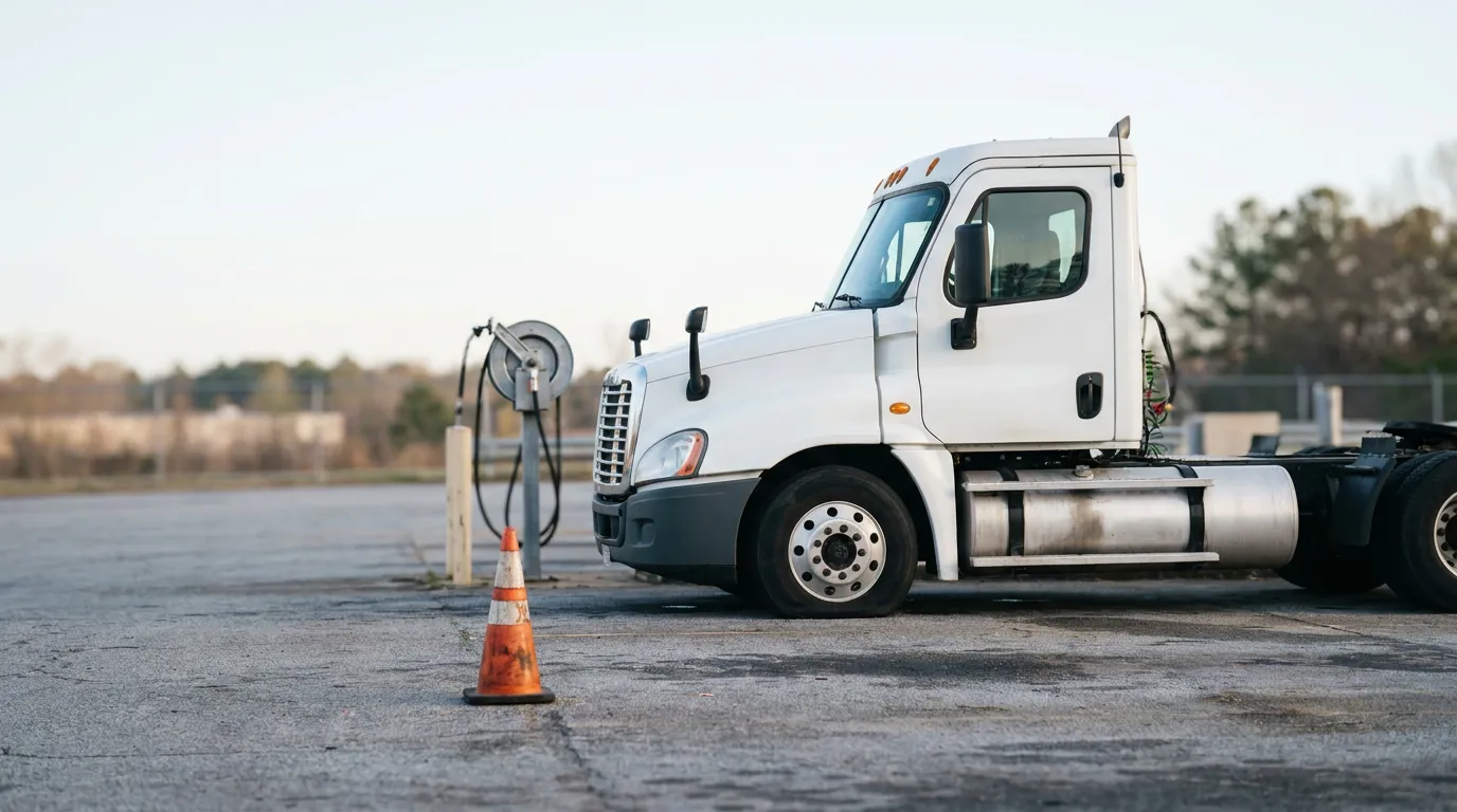 semi-truck cab parked in lot beside traffic cone and fuel station post