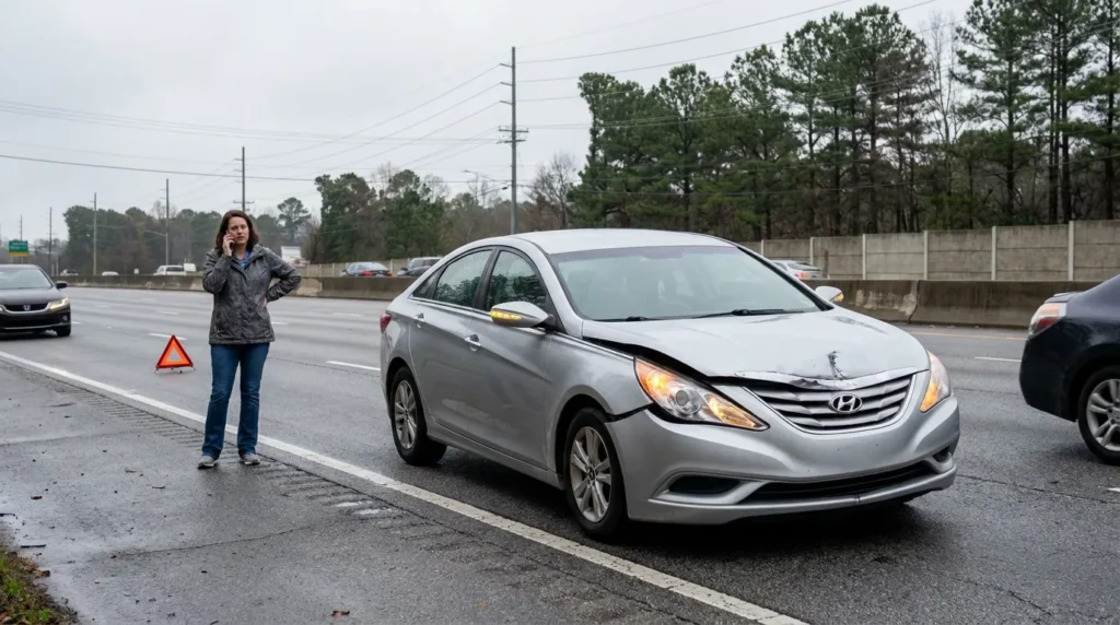 woman on phone beside damaged Hyundai sedan with warning triangle on highway
